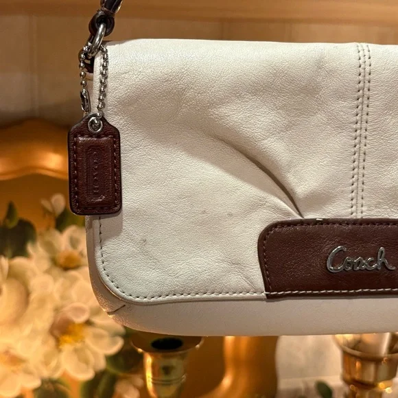 COACH Purse Wrist Clutch Snap Wallet Blue Lined Cream & Brown Leather - Picture 2 of 12